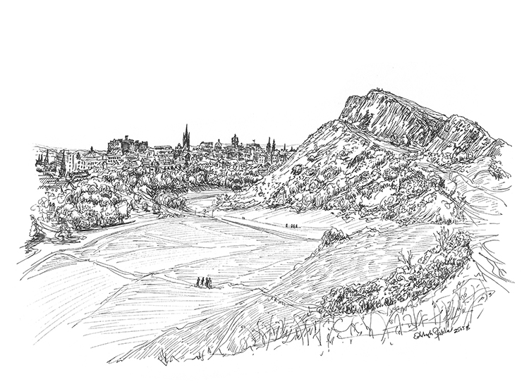 Ilustración del parque de Holyrood por Edinburgh Sketcher